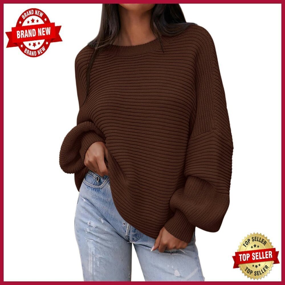 Oversized Chunky Knit Ribbed Pullover Sweater Lantern Sleeve Fall Winter